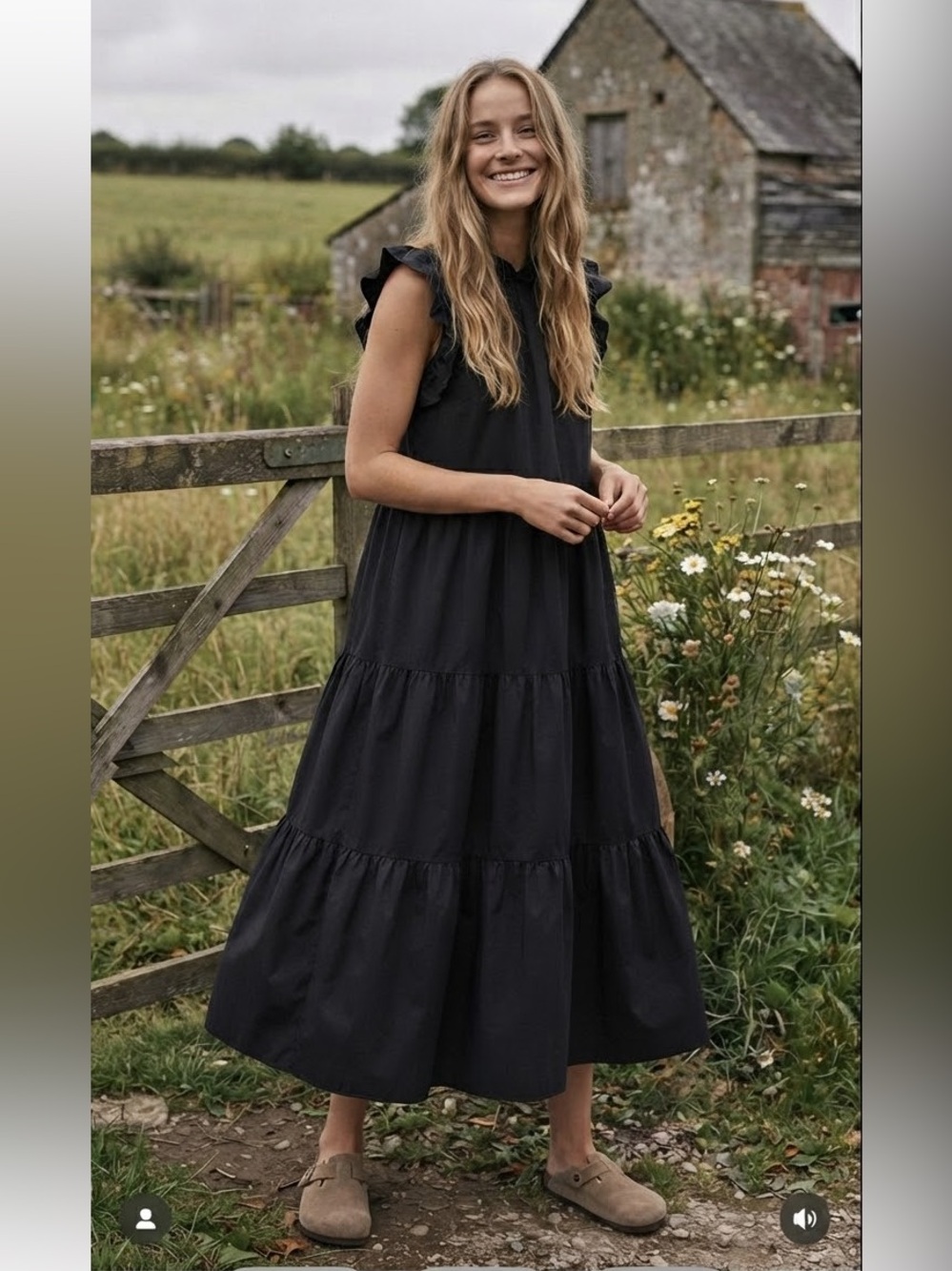 Chepe Italy Black Ruffle Neck Cotton Poplin Tiered Midi Dress Size M Cottagecore